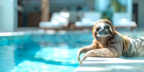 Obraz premium A Happy Sloth Relaxing by a Pool at a Resort. Concept Sloth, Relaxation, Resort, Poolside, Happy