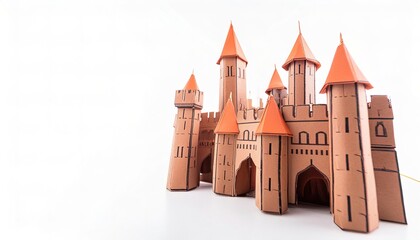 Obraz premium medieval middle ages castle home of king and queen fancy lavish lifestyle concept paper origami isolated on white background with green trees with copy space