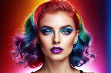 Fototapeta premium Portrait of an original and creative person - a girl with fantasy hairstyle poses against a multicolored wall with expressive makeup