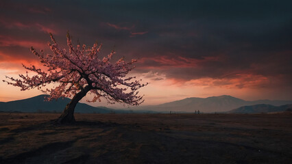 Fototapeta na wymiar Digital art of a single cherry blossom tree at the top of a hill mountain in a sunset. 3D, Illustration 3D. 