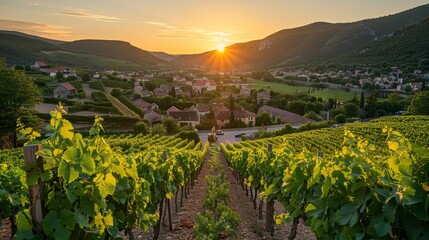 Summer vineyard landscape against sunset background, ripe red blue white grapes and making the best wine