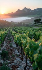 Summer vineyard landscape against sunset background, ripe red blue white grapes and making the best...