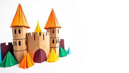 Fototapeta premium medieval middle ages castle home of king and queen fancy lavish lifestyle concept paper origami isolated on white background with green trees with copy space