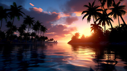 Fototapeta premium A serene sunset scene with palm trees reflected in the calm water