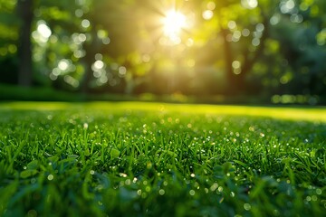 Naklejka premium A field of grass with the sun shining through the trees