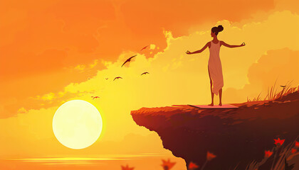 Happy Woman Practicing Yoga on a Cliff at Sunset - Find inner peace with this image of a happy woman practicing yoga on a cliff at sunset, perfect for illustrating mindfulness and serenity. 