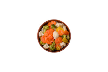 Delicious fresh vegetables broccoli, cauliflower, carrots steamed with salt