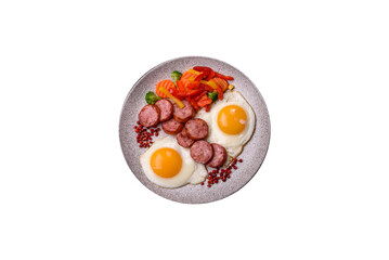 Delicious nutritious breakfast with fried eggs, sausage, steamed vegetables