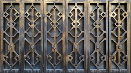 Detailed view of a metal fence featuring a complex design pattern