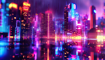 Fototapeta premium Abstract Digital Artwork with Neon Cityscape - Add an urban vibe with this abstract digital artwork featuring a neon cityscape, perfect for creating a futuristic and energetic look.