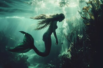 Mysterious mermaids in the ocean - Underwater scenes of mythical mermaids