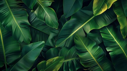 Lush green tropical banana leaves create a natural, exotic background with vibrant shades and intricate details for various design uses.