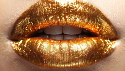 a pair of gold painted human lips on a solid white backgroumd