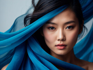 Stunning Asian Beauty. Close-Up Portrait with Flowing Blue Silk and Dramatic Lighting