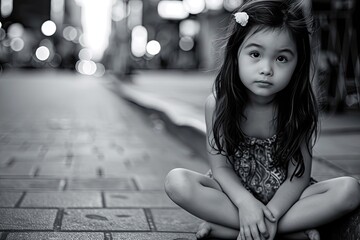Beautiful Asian child girl sitting on road side on the city