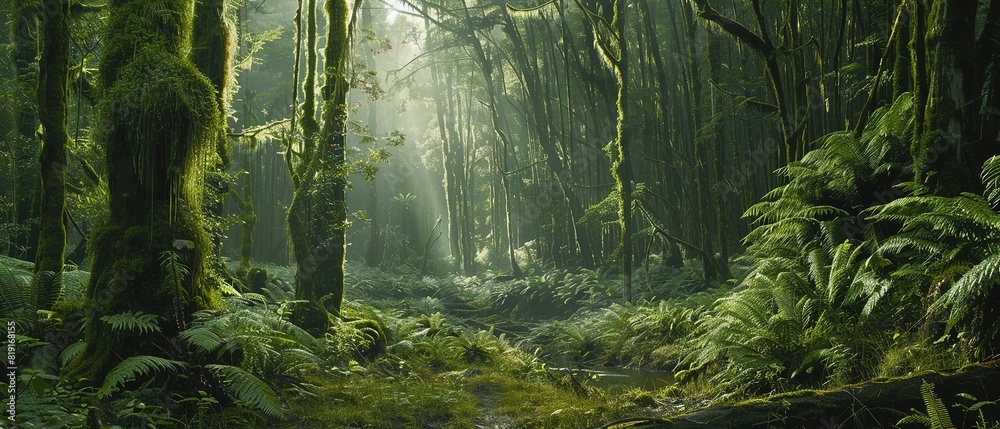 Wall mural rainforest fog enhances the exotic beauty of the lush green vegetation