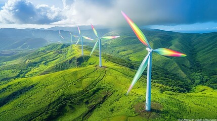 Obraz premium Wind turbines in a lush green landscape, rainbow holographic aura, vibrant colors, watercolor style, whimsical and dreamlike