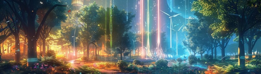 Holographic display of renewable energy sources in a city park, natural setting, bright neon, digital painting, whimsical