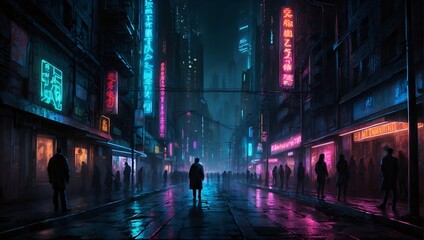 In the heart of a paranormal sophisticated cyberpunk street, the neon lights cast an eerie glow on the sleek, metallic buildings that tower over the bustling crowds below