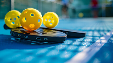 Closeup of pickleball paddles and balls on the court 