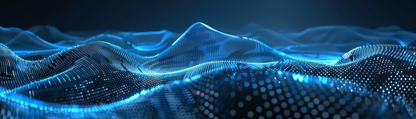 Abstract digital waveforms with glowing blue lights, representing data, network connections, and futuristic technology concepts.