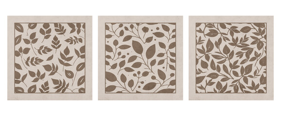 Set ot 3 Printable botanical illustration. Rustic style home decor, wall decoration, picture in the frame. Grunge, vintage illustration. Generated by Ai
