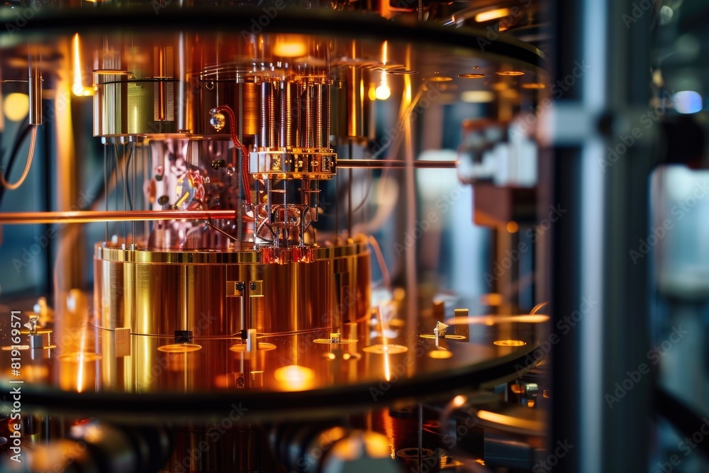 Poster quantum computer processor with glowing electrons background