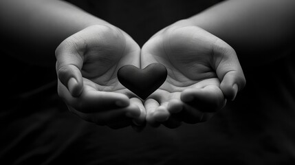 Black and white photo of a pair of hands holding a black heart. AIG535