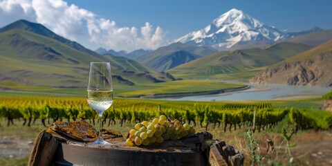 A glass of wine sits on a table with fresh grapes beside it, while mountains dominate the background
