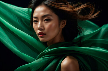 Stunning Asian Beauty. Close-Up Portrait with Flowing Green Silk and Dramatic Lighting