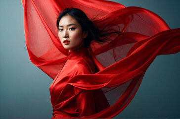 Stunning Asian Beauty. Close-Up Portrait with Flowing Red Silk and Dramatic Lighting