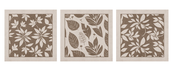 Set ot 3 Printable botanical illustration. Rustic style home decor, wall decoration, picture in the frame. Grunge, vintage illustration. Generated by Ai