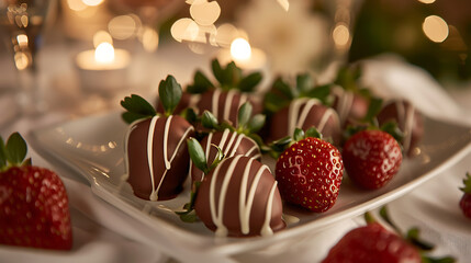 Delicious chocolate covered strawberries served in a white plate with festive decoration background