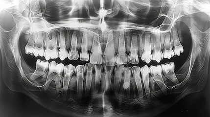 A close up of a person's mouth with a black and white filter. Concept of mystery and intrigue, as the viewer is unable to discern the colors of the teeth and gums