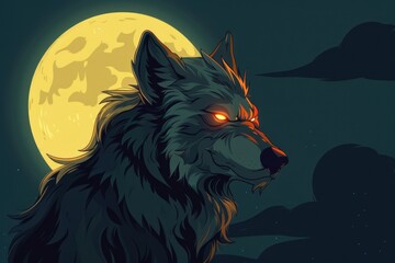 A drawing of a wolf in front of a full moon. Suitable for nature and wildlife themes