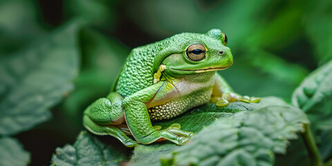 A tree frog sits on a leaf, wild life photography