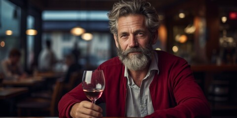 A man with a beard is holding a glass of wine