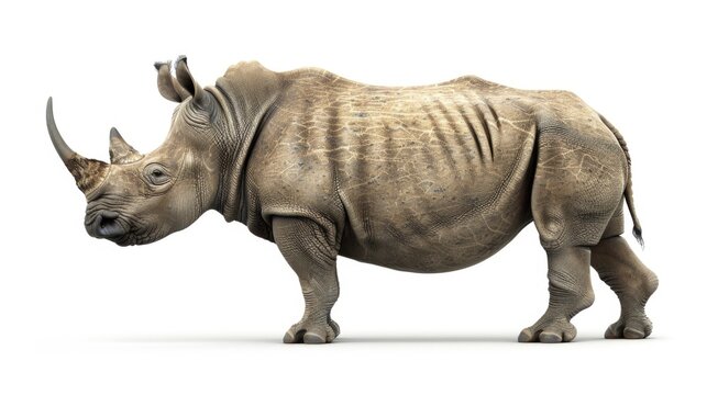 A powerful rhino standing on a white surface, suitable for various projects