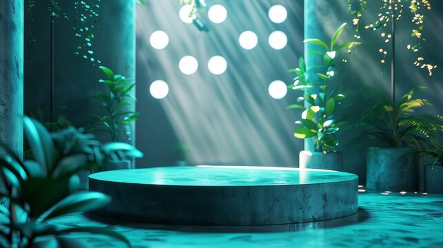 3D rendering of a futuristic room. The room is made of blue and green materials and has a large platform in the center