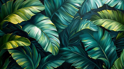 Close-up of tropical palm leaves, bold and striking, capturing the essence of the tropics