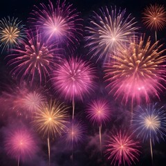 Colorful fireworks display in the night sky , with various shades of pink, purple, and gold bursts against a dark background