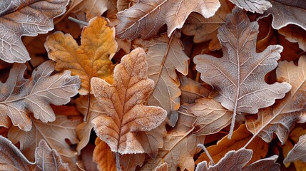 Close-up of frost on autumn leaves, detailed and delicate, transitional beauty