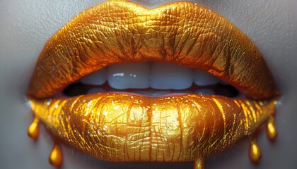 macro shot view of lips with chrome liquid gold dripping from the lower lip on a solid white background.
