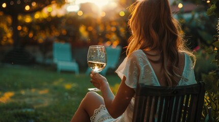 A woman is seated on a chair, holding a glass of wine and drinking from it