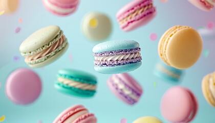 pastel pink, purple, green, blue, cream and yellow coloured macaroons floating in the air