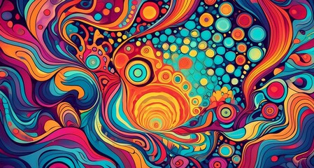 The essence of a chaotic, particular mental , specific mental state, sense of unity and interconnectedness with the universe, sensory overload of a psychedelic experience through abstract illustration
