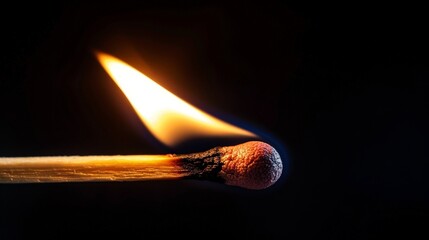 Intense close-up of a newly lit matchstick, flame flickering at its tip, highlighting the initial burst of fire, isolated background