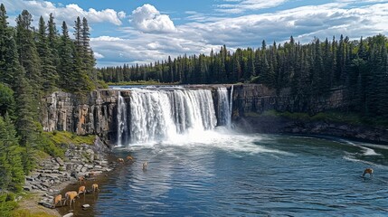 Fototapeta premium Majestic Waterfall Surrounded by Dense Forest and Clear Sky, Ideal for Nature Enthusiasts and Landscape Photographers Seeking Serenity