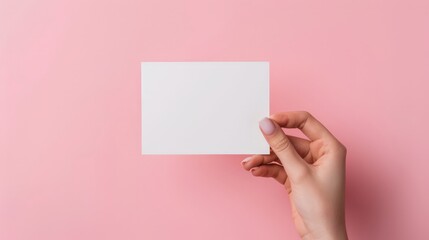 Mockup photo of a woman's hand holding a blank white piece of card