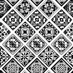 Various square Tiles seamless pattern. Different black ornaments. Traditional mediterranean style. Hand drawn. Ceramic tiles. Vector illustration isolated on background. 